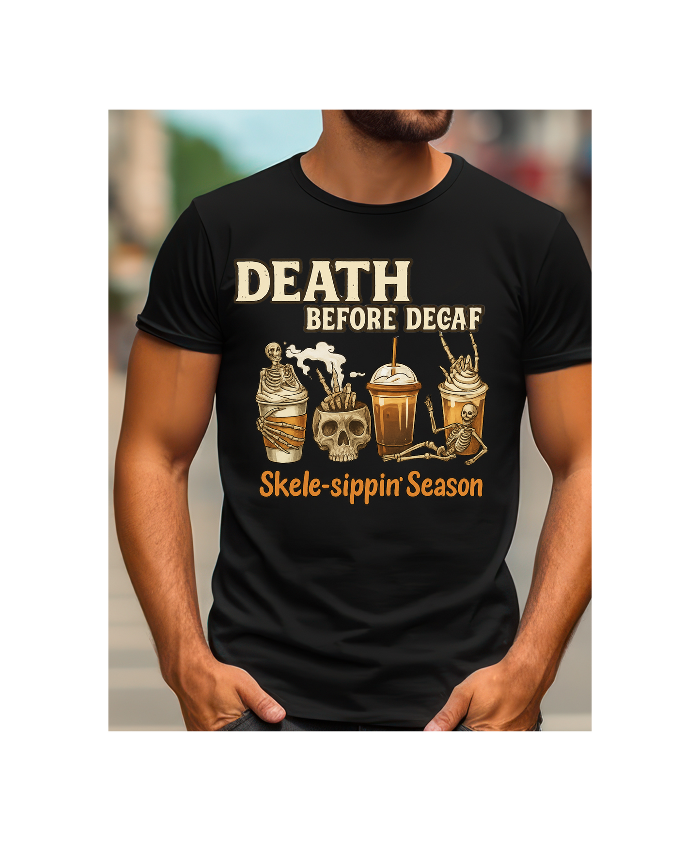 Funny Skeleton Coffee "Death Before Decaf" T-Shirt