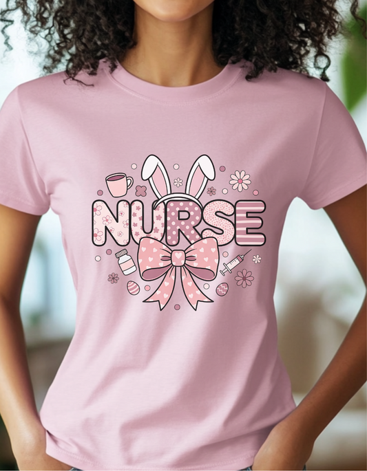 Nurse Easter Shirt, Bunny Ears Nurse Tee, Cute Pink Nurse Bows, Easter Gift for Nurses