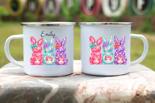 Personalized Bunny Mug, Custom Enamel Camp Mug, Easter Gift, Colorful Rabbit Design, Stainless Steel Cup, 12 oz Coffee Mug