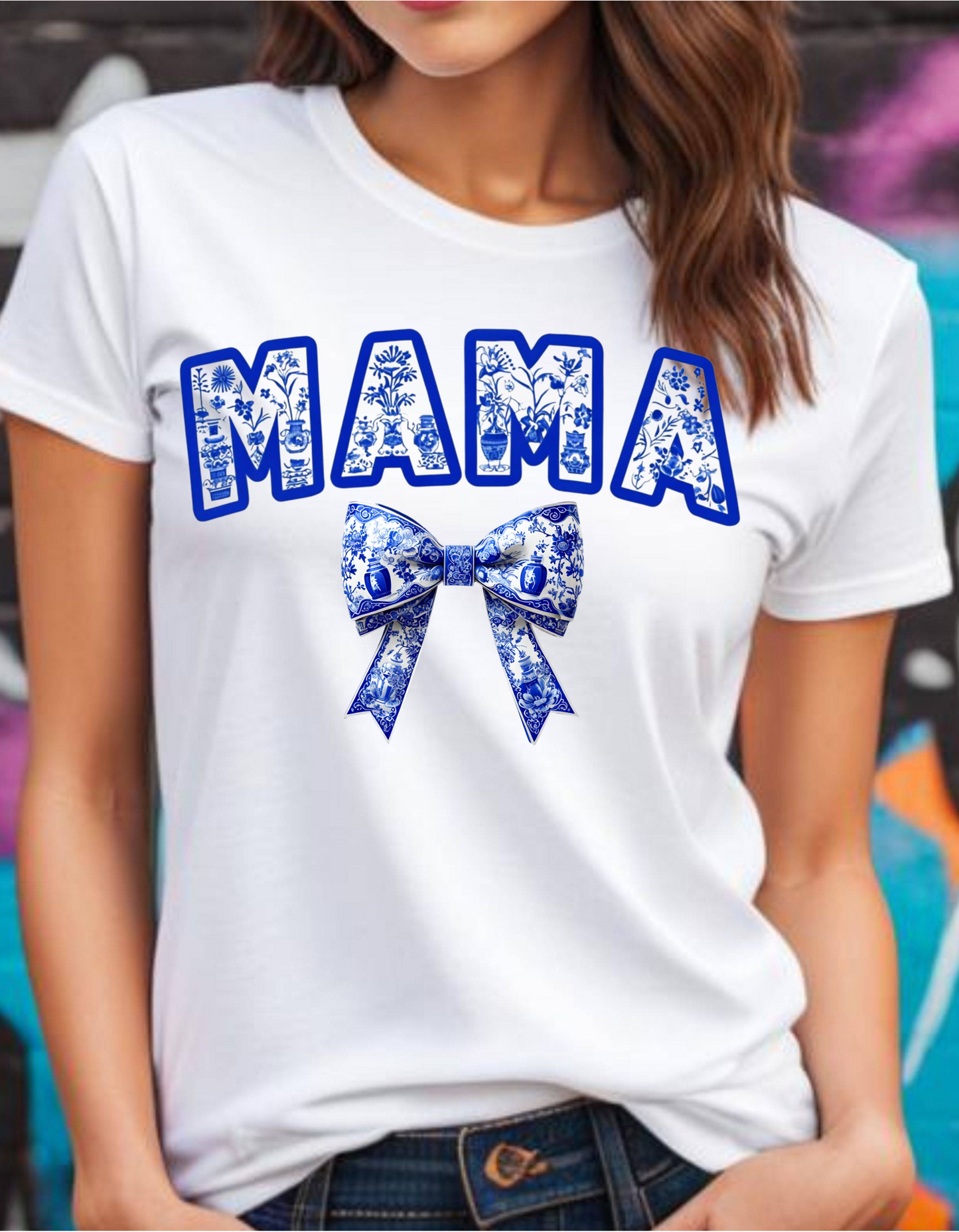 Mama Shirt, Cute Floral Mama Shirt, Blue Ribbon Shirt, Floral Mom Tee, Coquette
