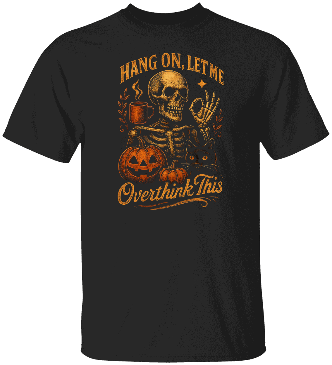 Halloween Skeleton and Cat "Overthink This" Tee