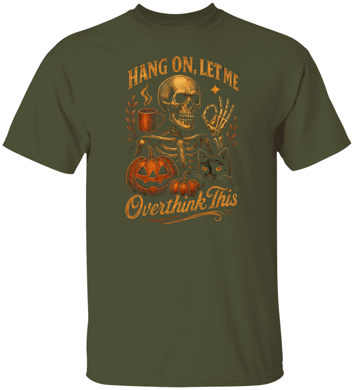 Halloween Skeleton and Cat "Overthink This" Tee
