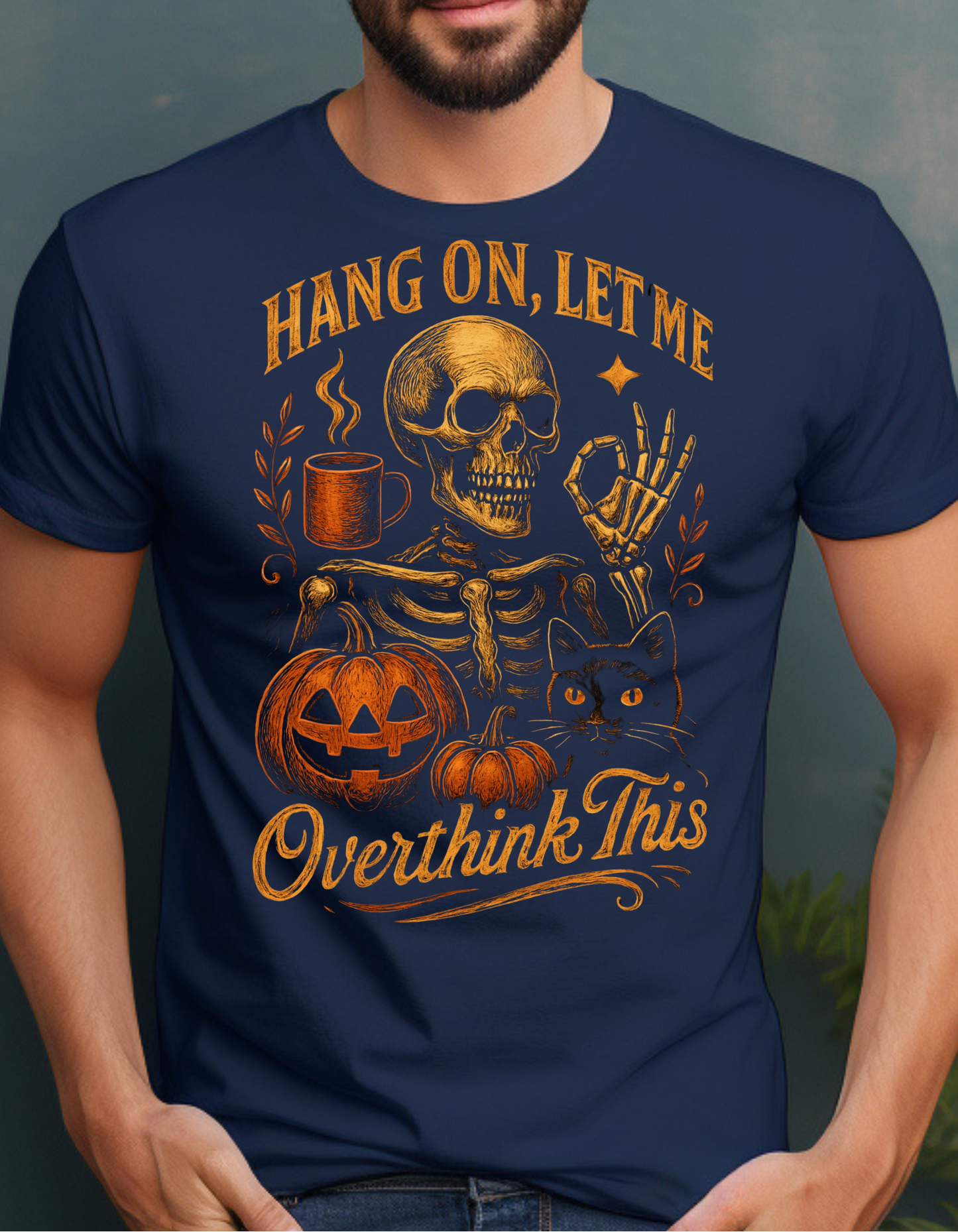 Halloween Skeleton and Cat "Overthink This" Tee
