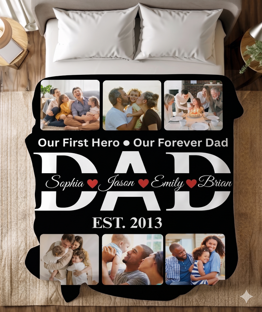 Personalized Dad Photo Blanket – Our First Hero Our Forever Dad Custom Family Blanket – Gift for Dad from Kids – Father’s Day Photo Blanket