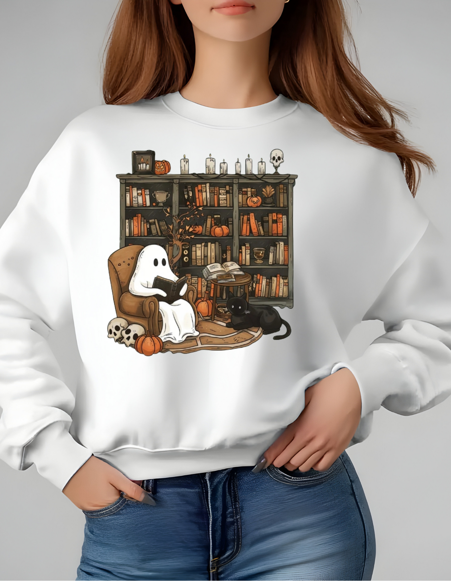 Retro Ghost Reading Books Sweatshirt, Librarian, Teacher Ghost Halloween