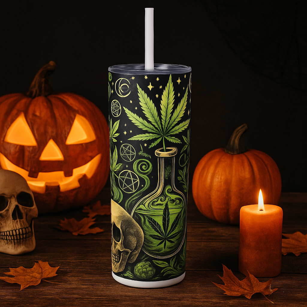 Skull & Leaf Design Stainless Steele Skinny Tumbler with Straw, 20oz
