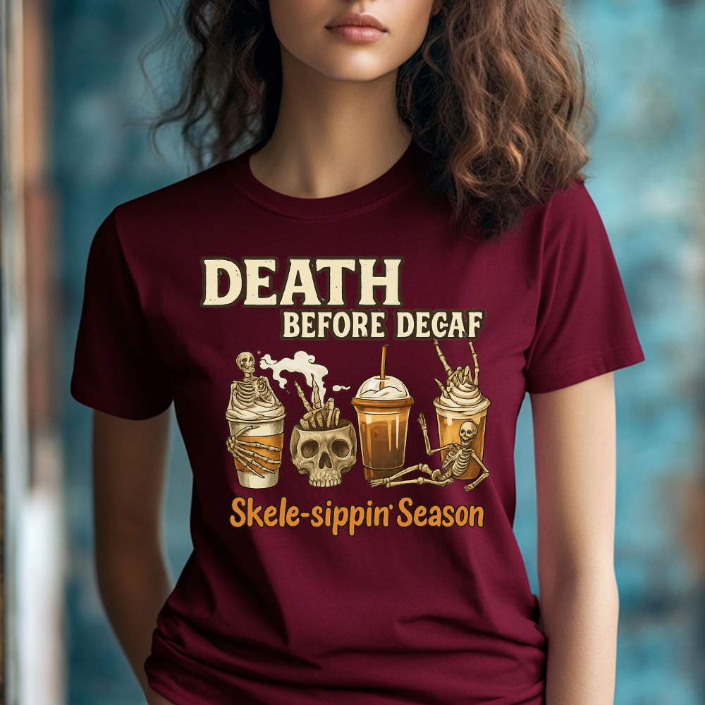 Funny Skeleton Coffee "Death Before Decaf" T-Shirt