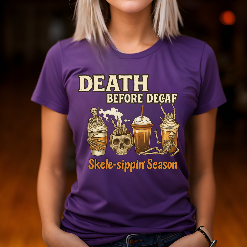 Funny Skeleton Coffee "Death Before Decaf" T-Shirt