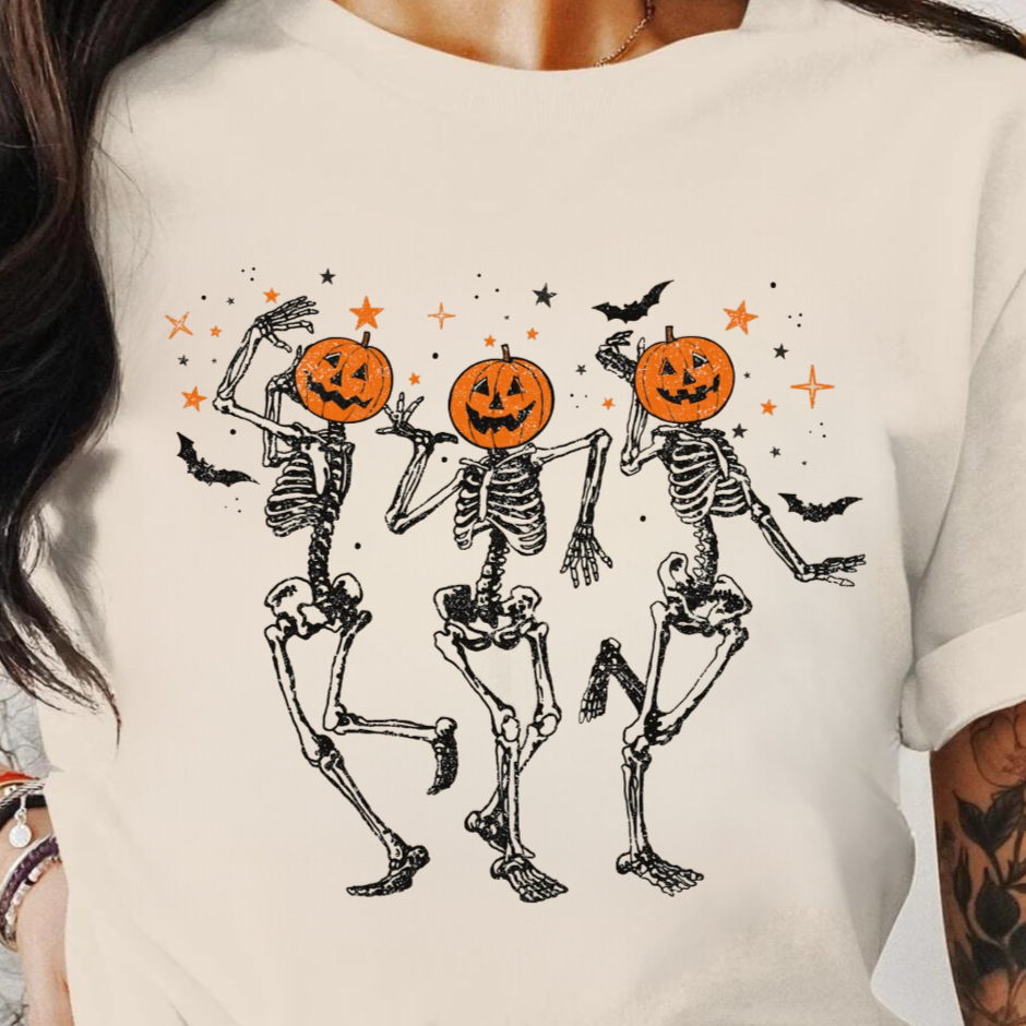 Funny Halloween Pumpkin Head Dancing Skeleton Sweatshirt, Halloween Gift Shirt, Short Sleeve T-Shirt