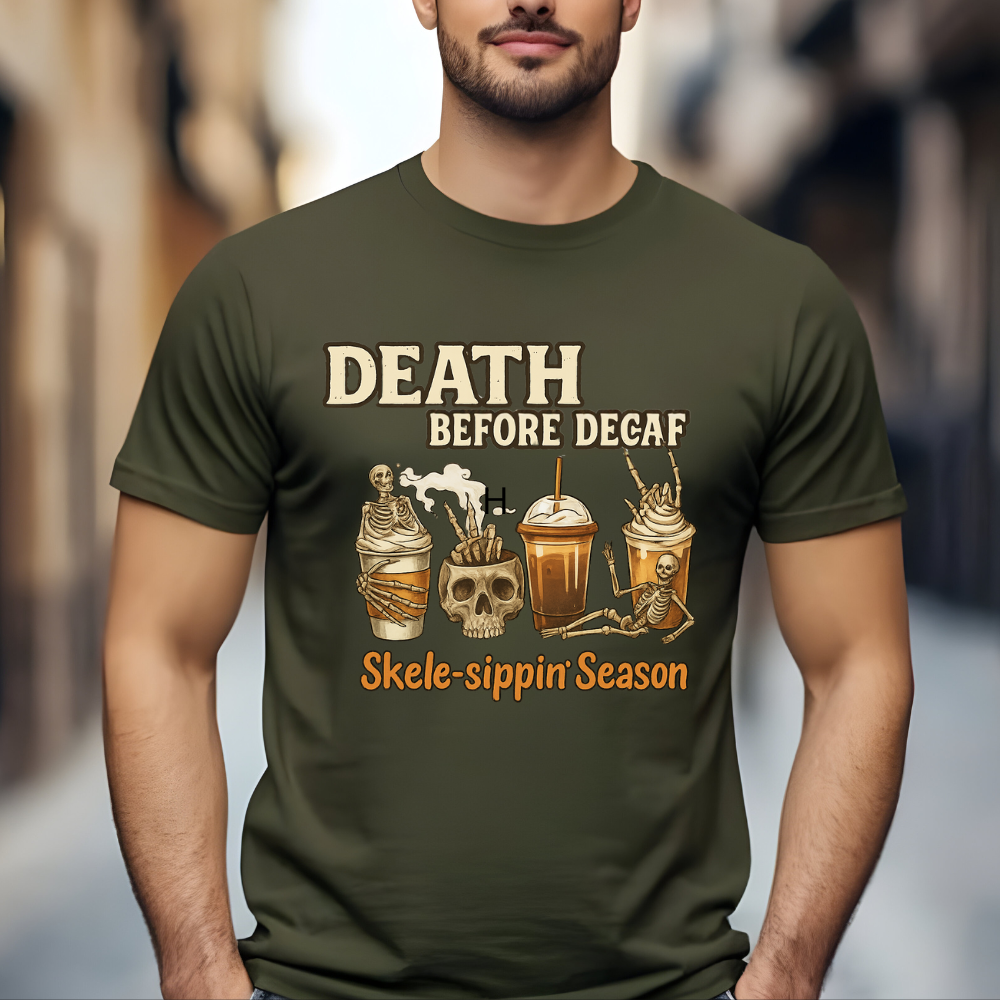 Funny Skeleton Coffee "Death Before Decaf" T-Shirt