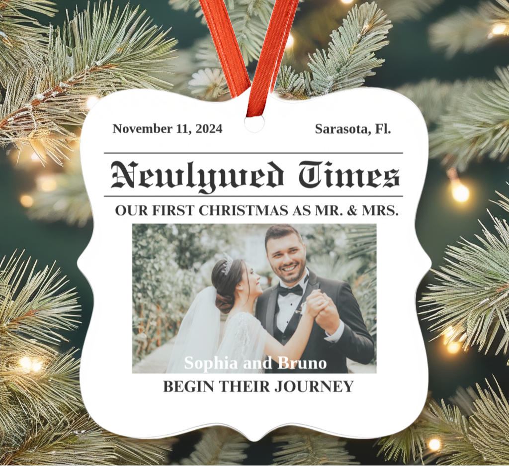 Personalize Mr. & Mrs. "Our First Christmas" Square Ornament