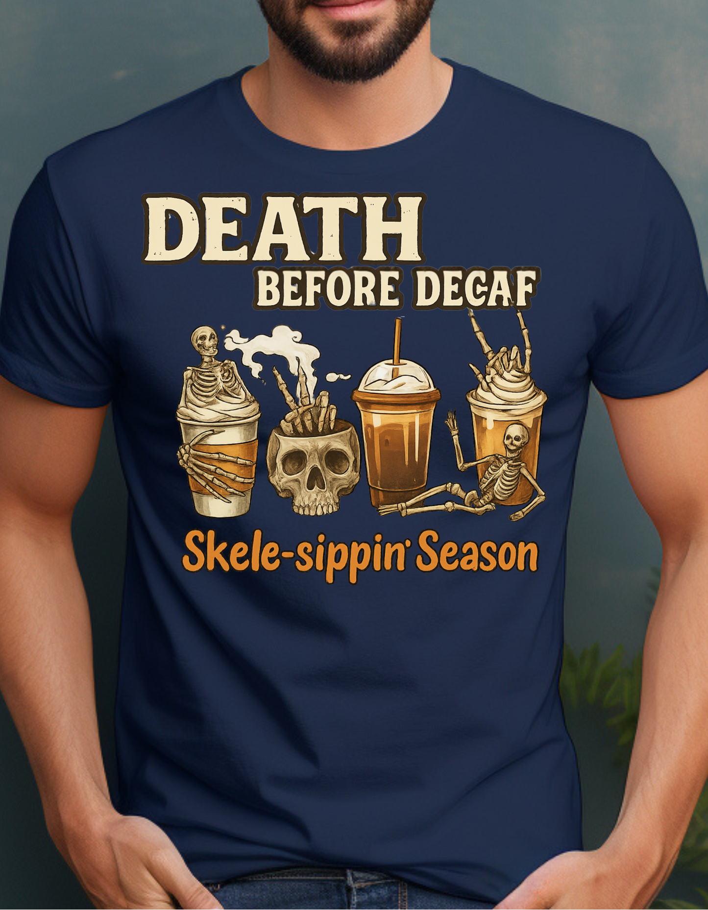 Funny Skeleton Coffee "Death Before Decaf" T-Shirt
