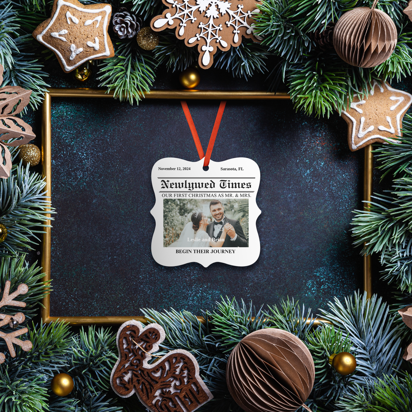 Personalize Mr. & Mrs. "Our First Christmas" Square Ornament