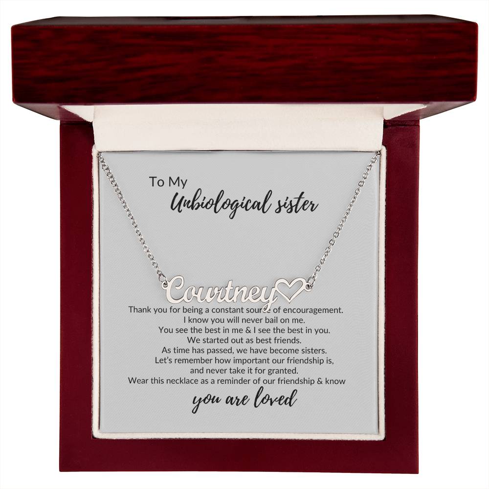 To My Unbiological Sister "You Are Loved" Name Necklace with Heart Character