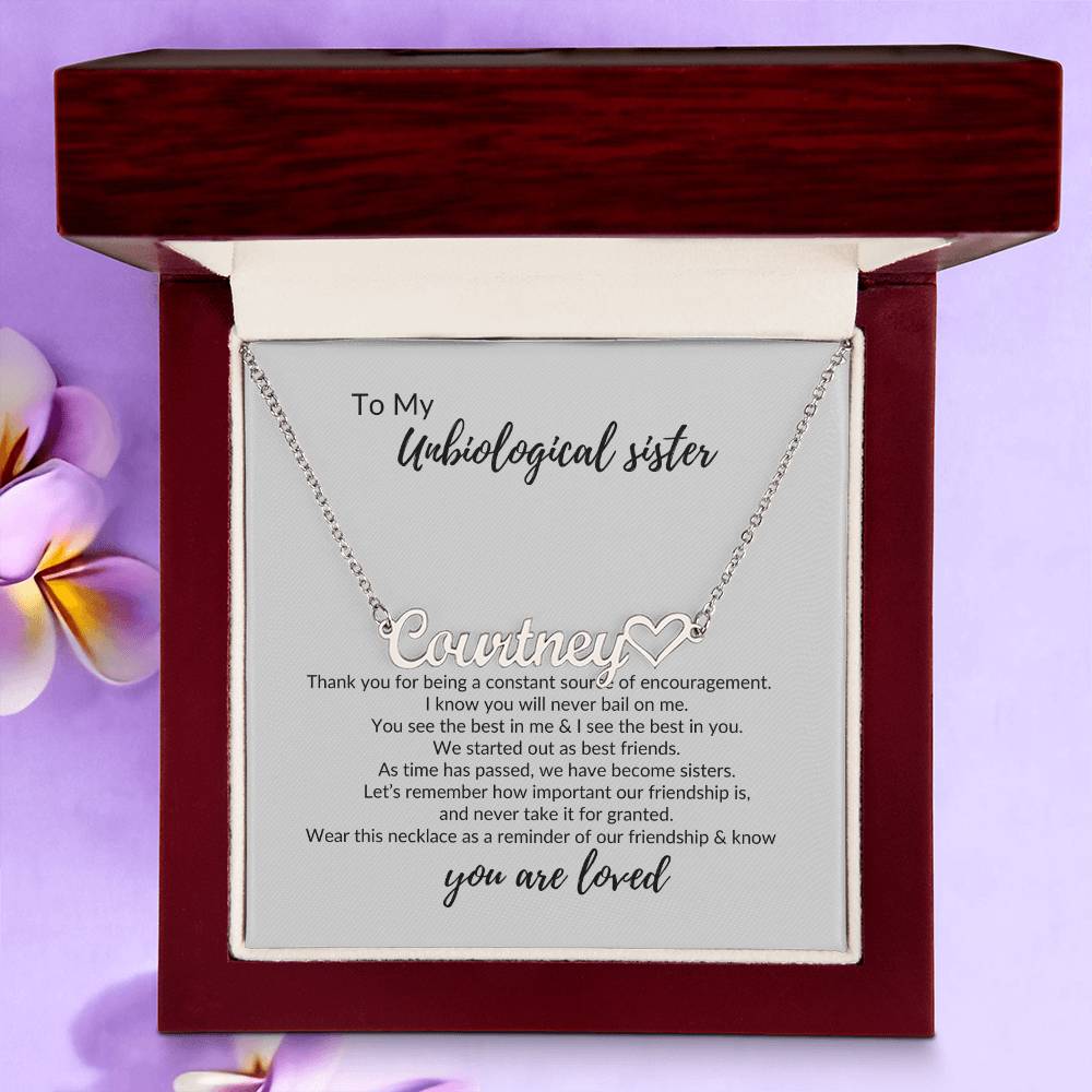 To My Unbiological Sister "You Are Loved" Name Necklace with Heart Character