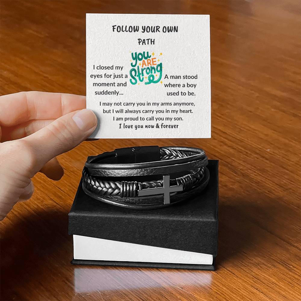 To My Son "You are strong" Men's Cross Leather Bracelet