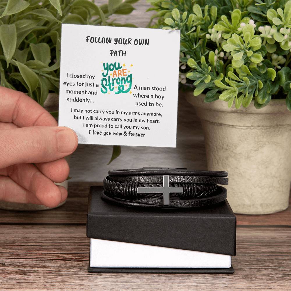 To My Son "You are strong" Men's Cross Leather Bracelet