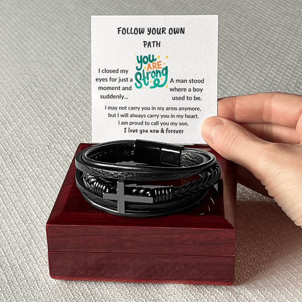 To My Son "You are strong" Men's Cross Leather Bracelet