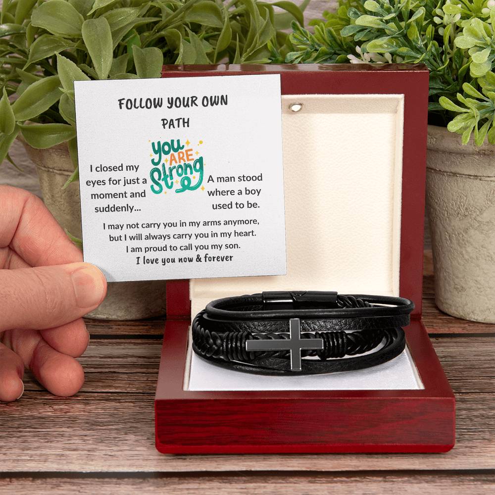 To My Son "You are strong" Men's Cross Leather Bracelet