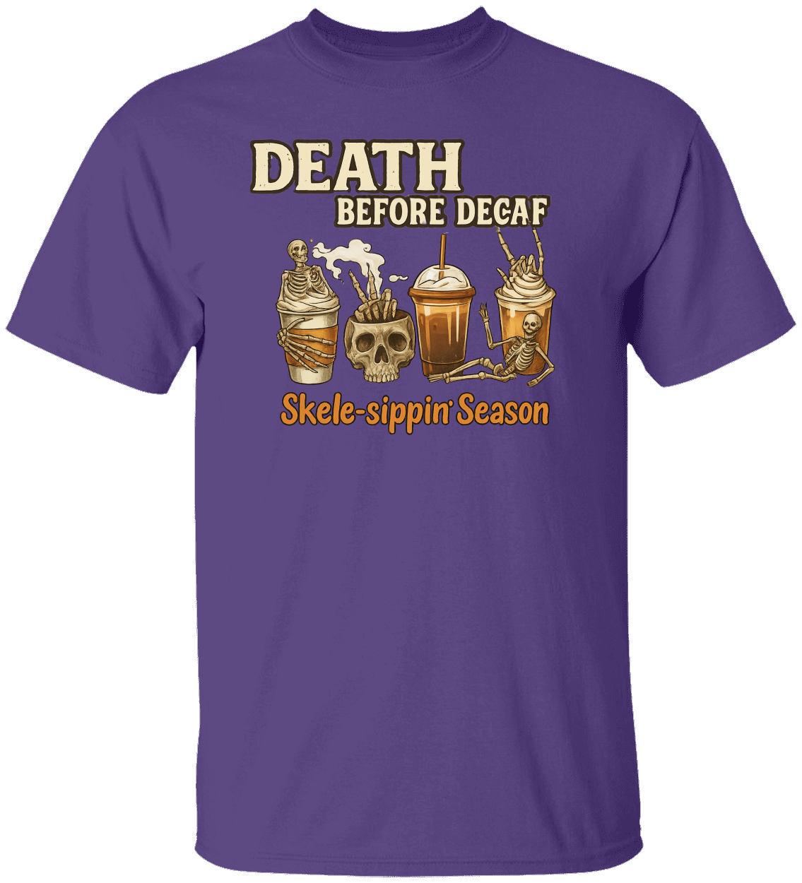 Funny Skeleton Coffee "Death Before Decaf" T-Shirt