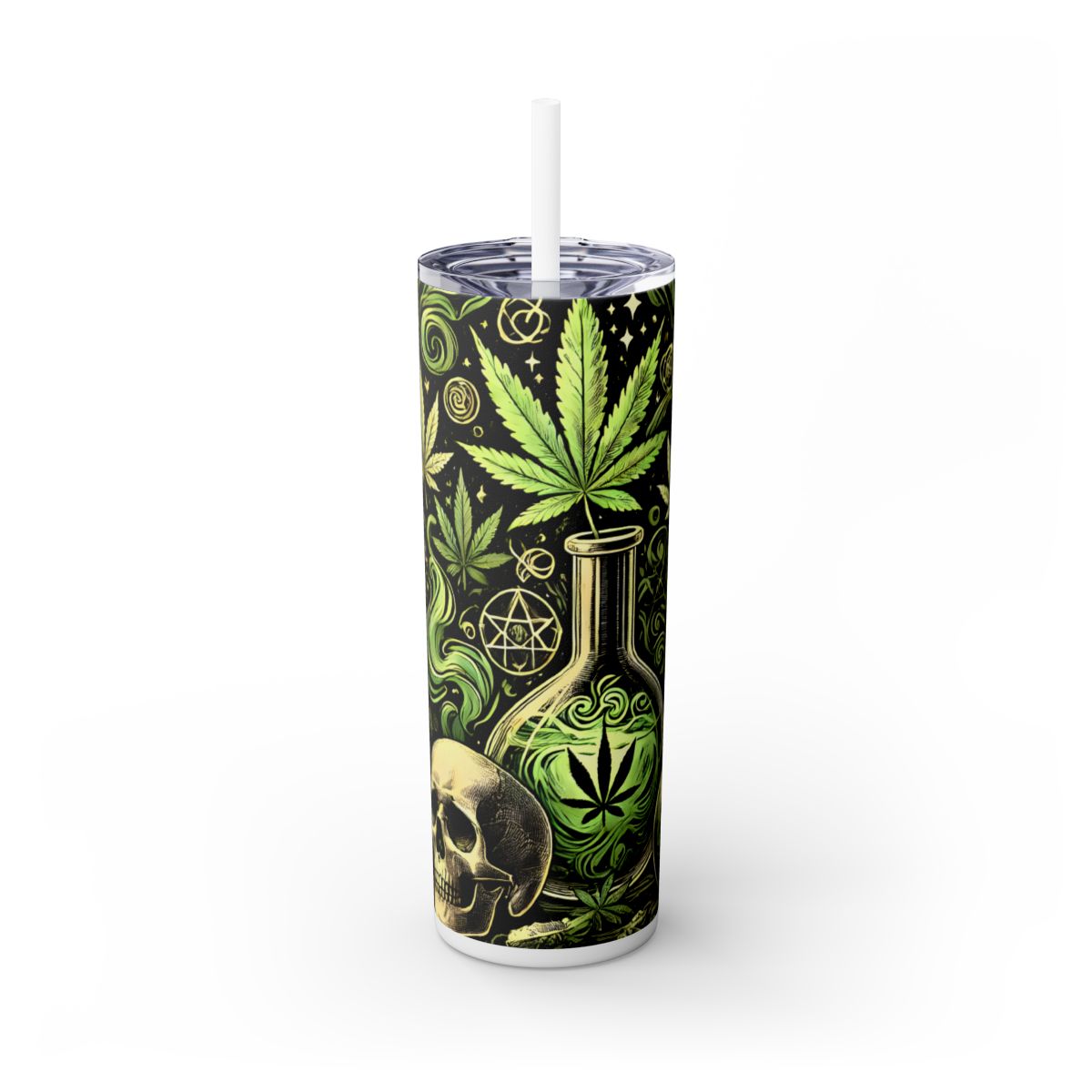 Skull & Leaf Design Stainless Steele Skinny Tumbler with Straw, 20oz