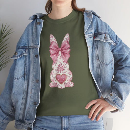 Floral Bunny Graphic Tee, Pink Bow Heart Design, Women's Cute Easter Shirt, Gildan 5000 Cotton, Spring Fashion Outfit, Gift for Her