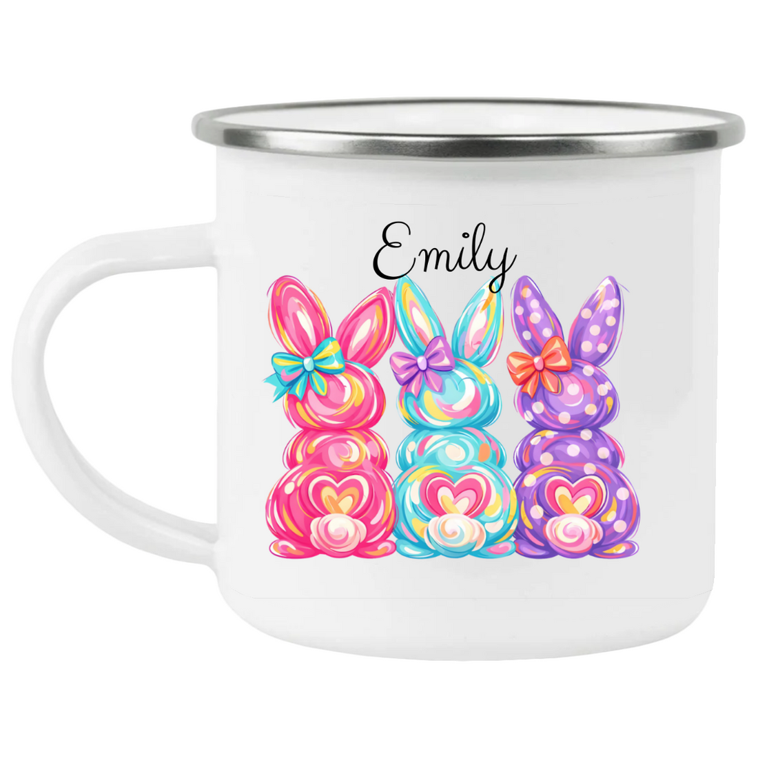 Personalized Bunny Mug, Custom Enamel Camp Mug, Easter Gift, Colorful Rabbit Design, Stainless Steel Cup, 12 oz Coffee Mug