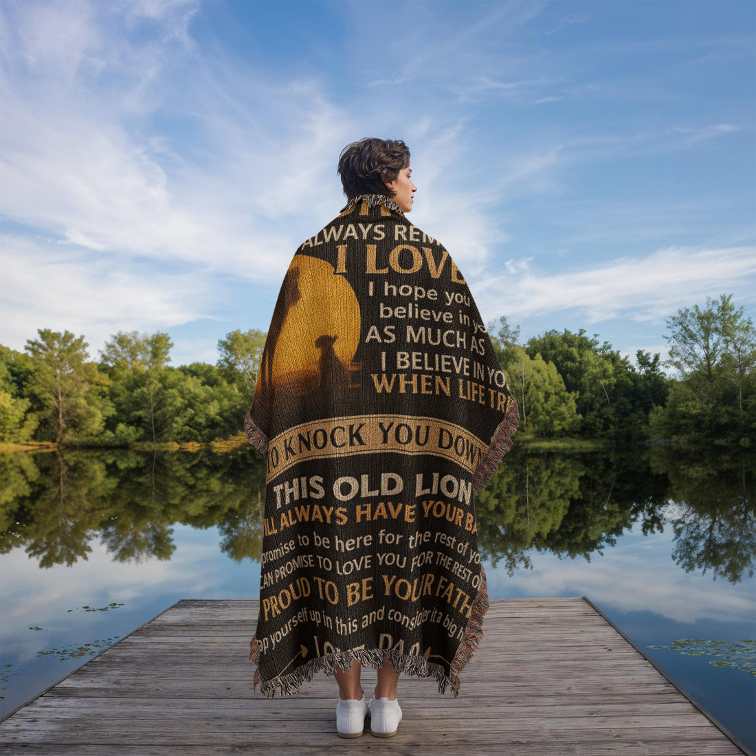 Custom Lion Theme Blanket, Personalized Woven Keepsake, Unique Gift for Daughter, Sentimental Home Decor, Dad's Love Message