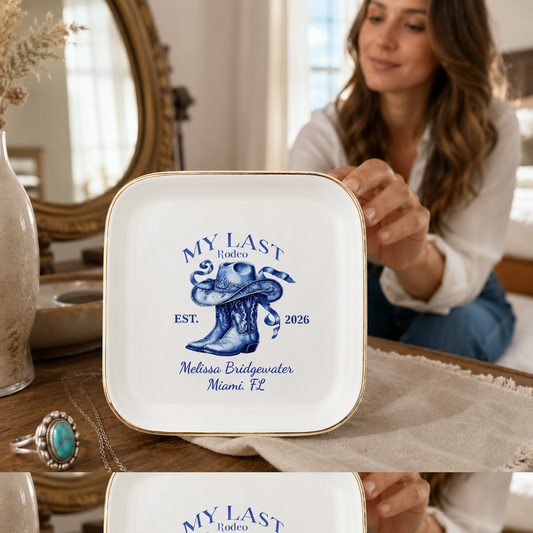 Personalized Rodeo Jewelry Dish, Cowboy Boots Trinket Tray, Western Keepsake, Custom Name and Location Gift for Cowgirl or Cowboy Home