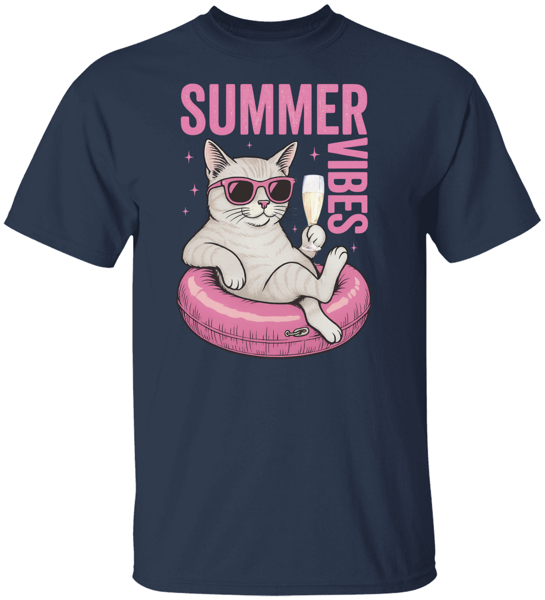 Summer Vibes T-Shirt, Summer Cat, Lazy River Cat, Cat in pool tube | Champagne Time