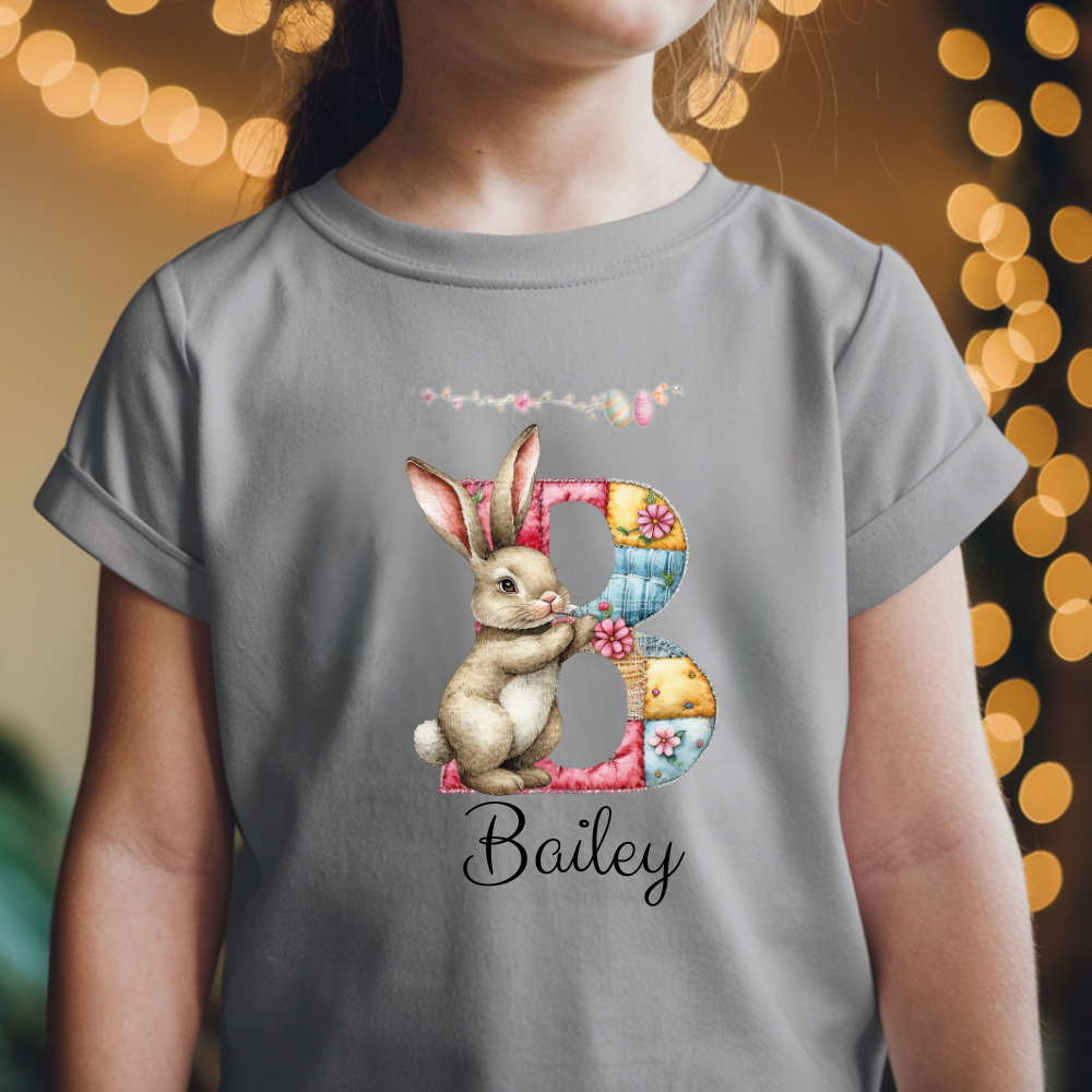 Personalized Easter Bunny Kids Shirt – Custom Name Bunny T-Shirt – Patchwork Monogram Easter Shirt – Cute Spring Bunny Tee