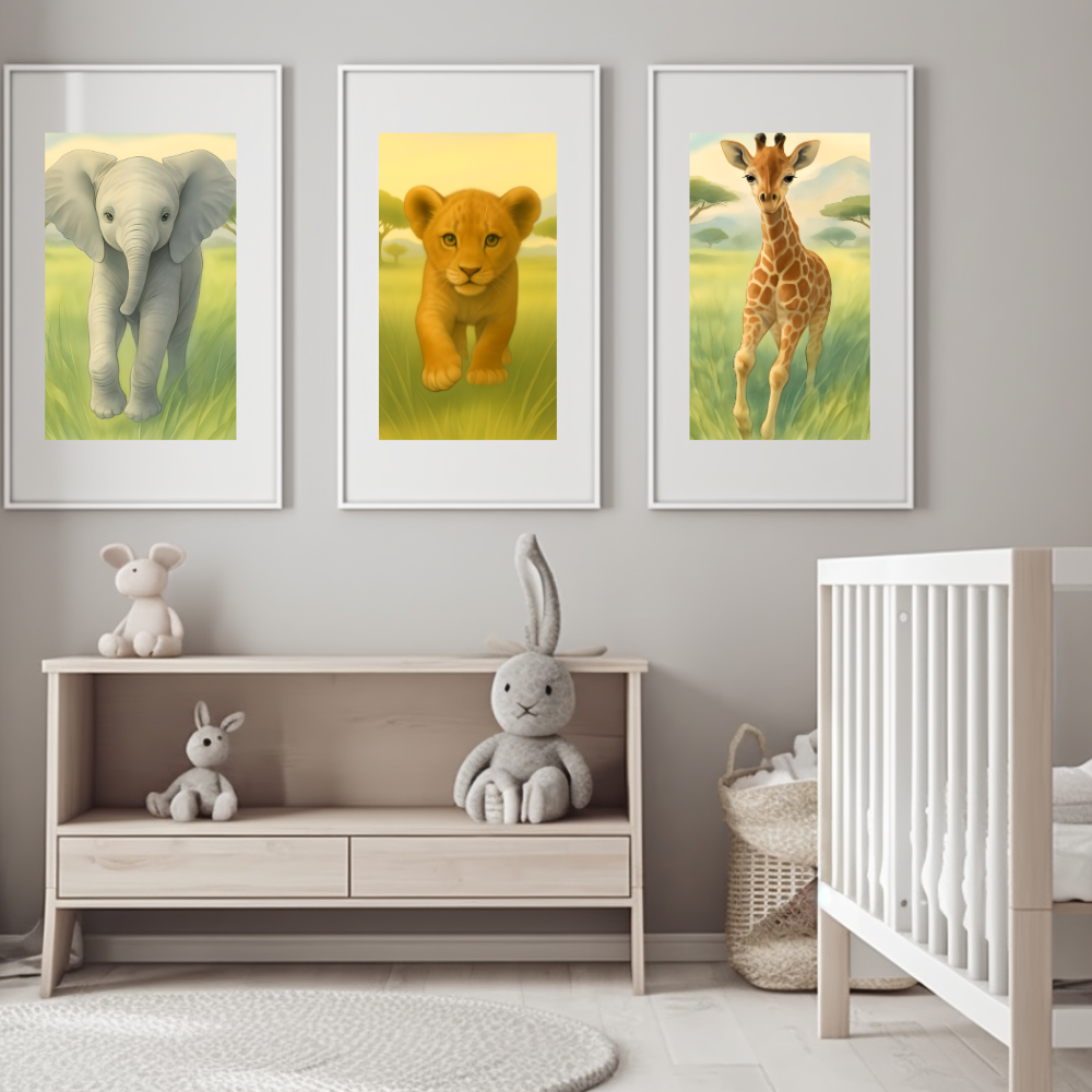 Safari Animal Nursery Prints: Watercolor Lion, Giraffe, Elephant Art