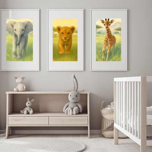 Safari Animal Nursery Prints: Watercolor Lion, Giraffe, Elephant Art