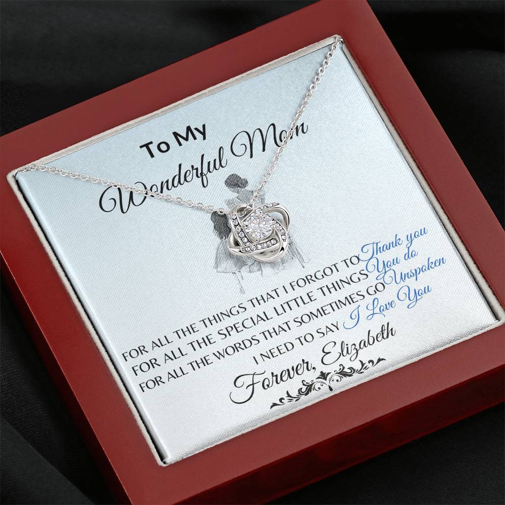 To My Wonderful Mom Necklace – Love Knot Message Card Gift | Elegant Crystal Pendant for Mother’s Day, Birthday or Just Because