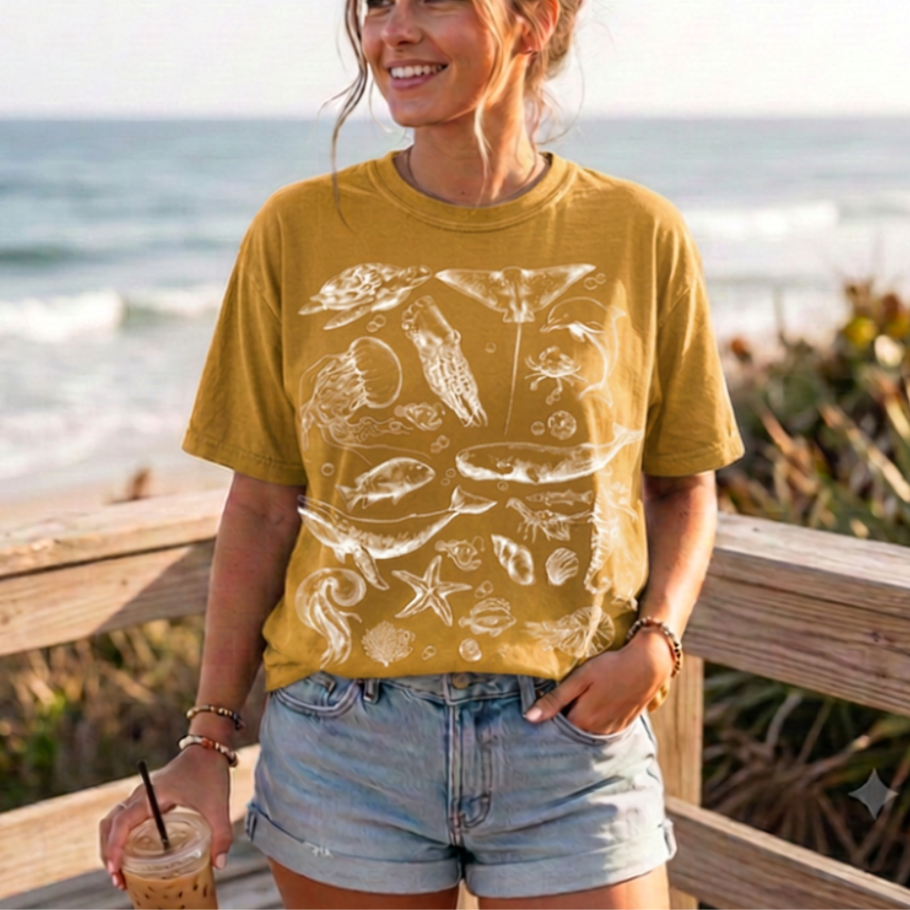 Vintage Ocean Life T-Shirt | Marine Biology Graphic Tee | Coastal Beach Nature Shirt | Whale & Sea Turtle Gift
