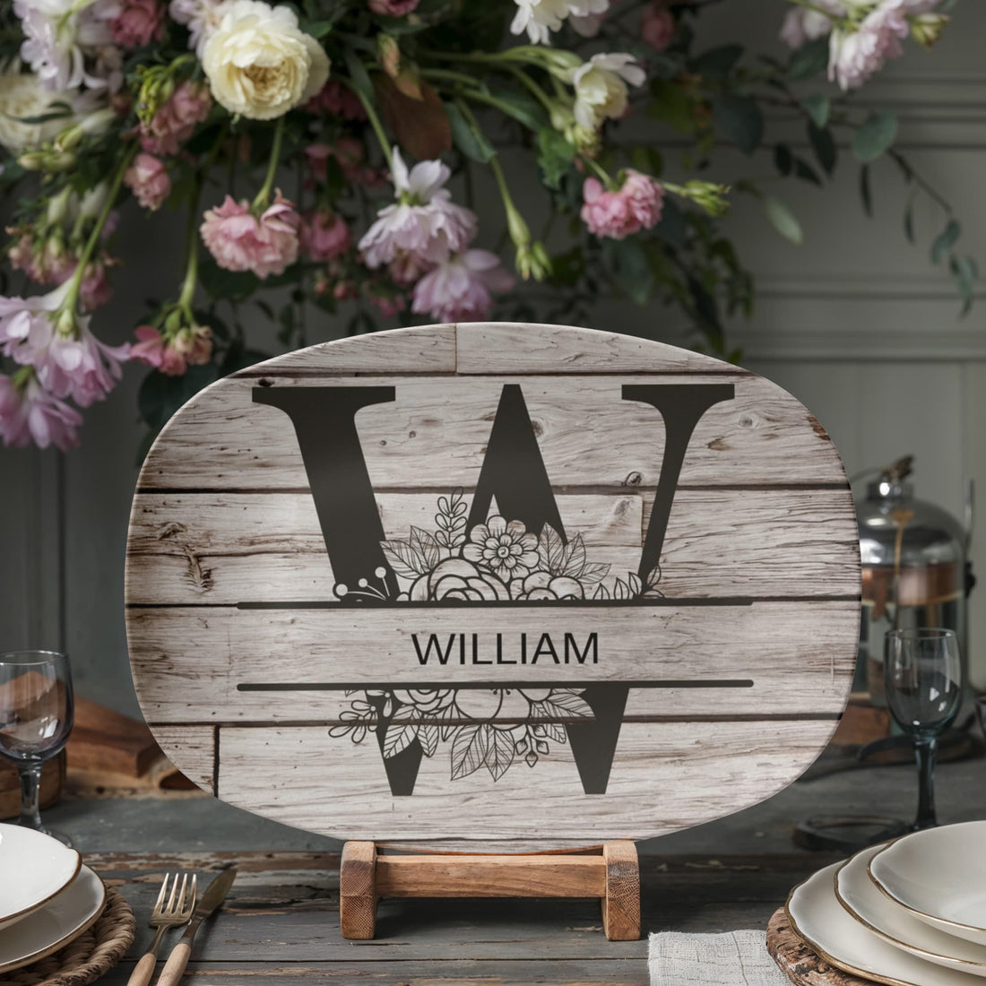 Personalized Father’s Day Platter – Custom Initial & Name Decorative Serving Tray (10x14”) – Wood Look Design Gift for Dad