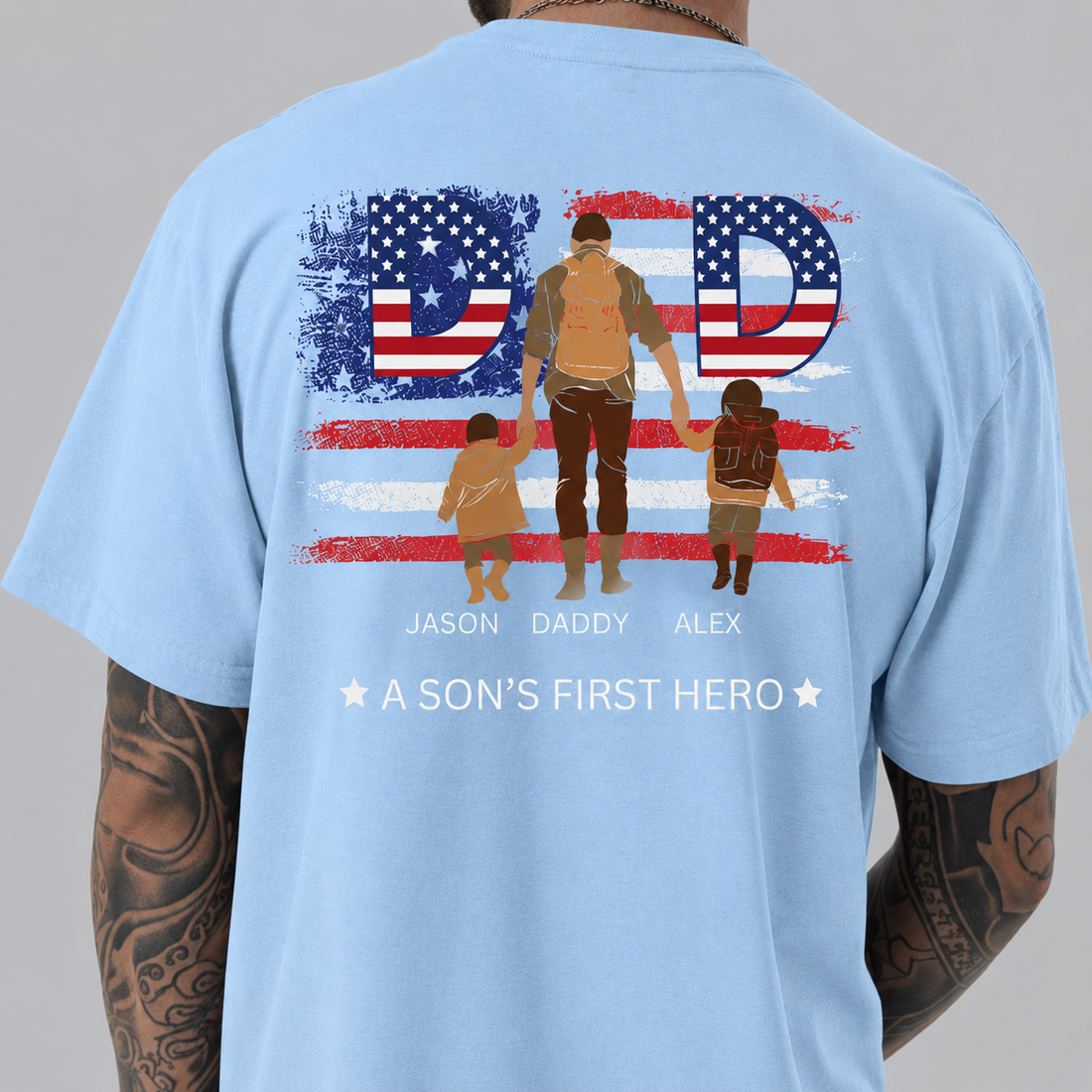 Personalized Dad Shirt, A Son’s First Hero T-Shirt, Custom Daddy Shirt with Kids Names, Father’s Day Gift for Dad, Patriotic Dad Tee