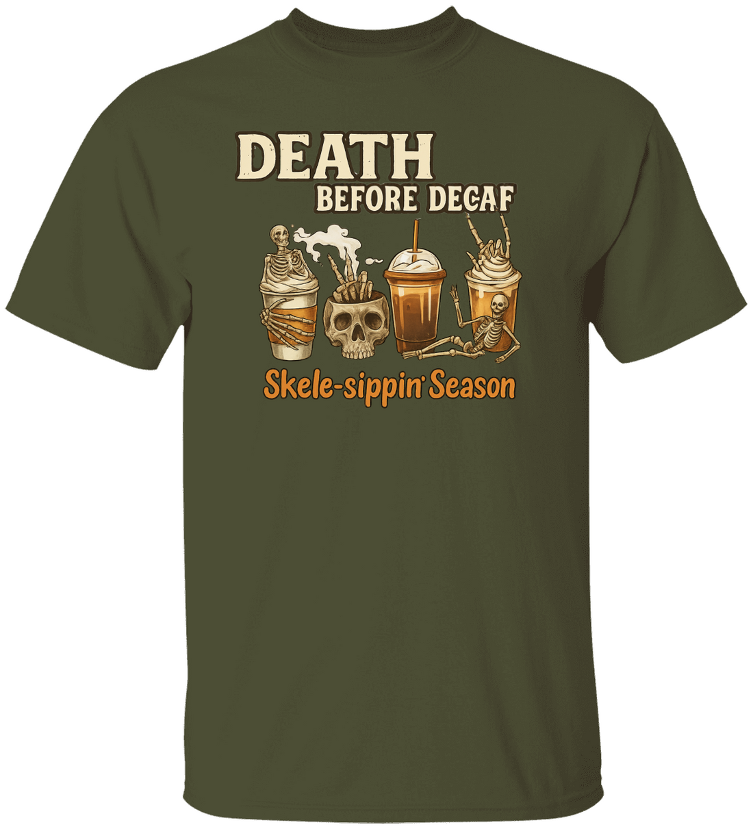 Funny Skeleton Coffee  "Death Before Decaf" T-Shirt