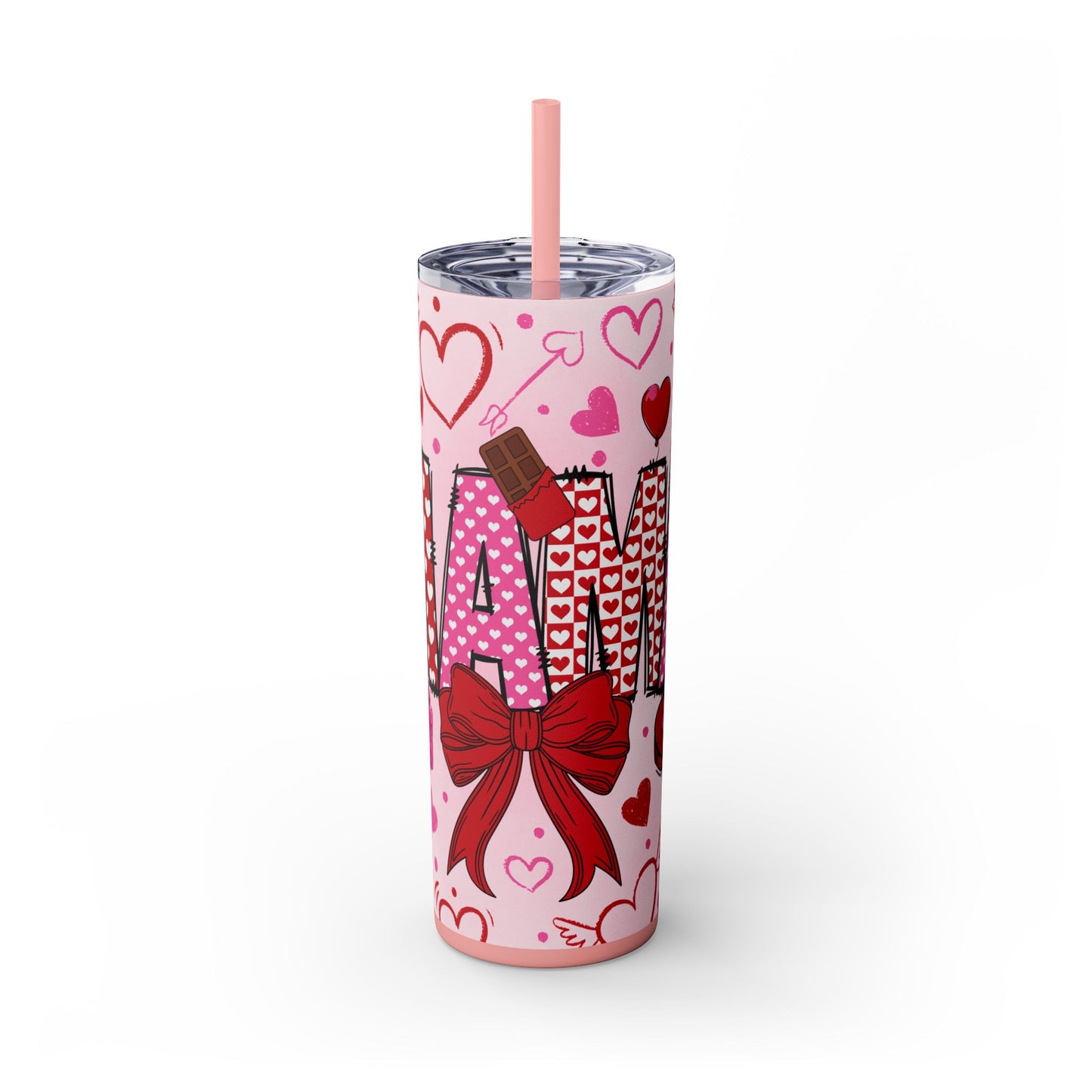 Valentine Day "MAMA Bow and Hearts" Skinny Tumbler with Straw, 20oz