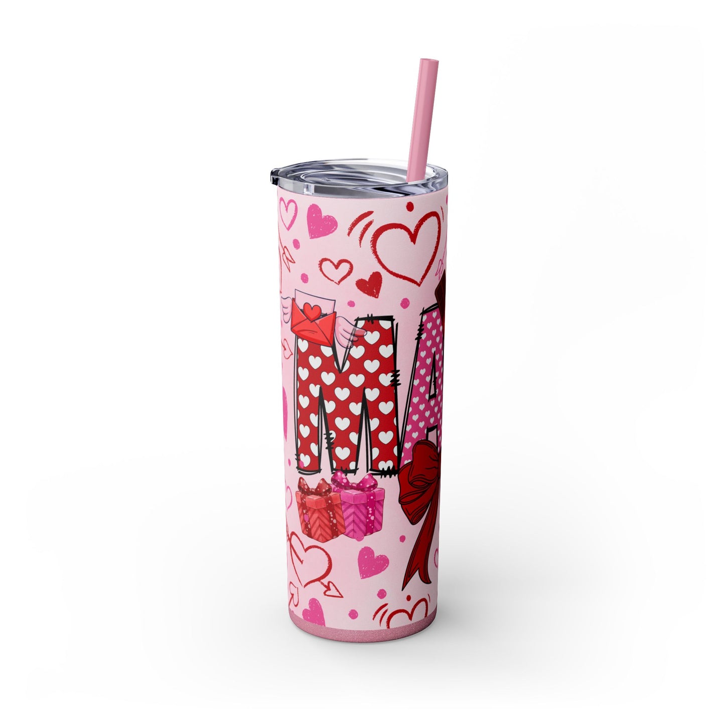 Valentine Day "MAMA Bow and Hearts" Skinny Tumbler with Straw, 20oz