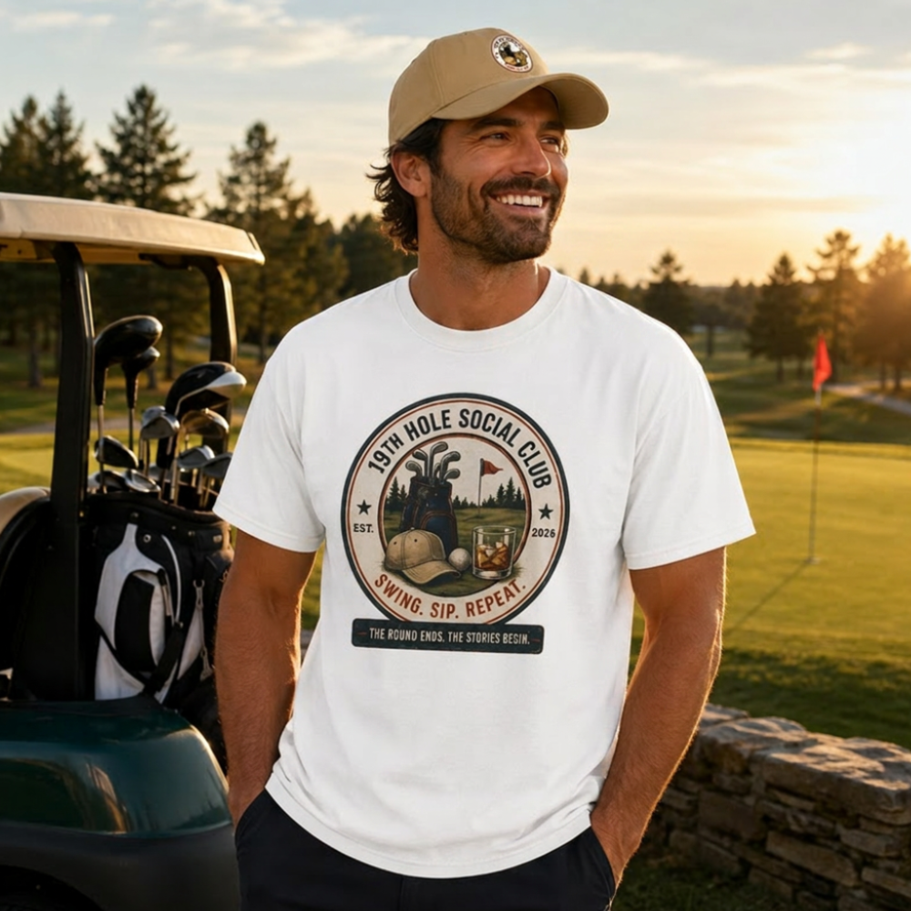 19th Hole Social Club Golf Shirt | Matching Golf Hat | Comfort Colors 1717 Tee | Golf Trip Gift | Golf League Apparel | Swing Sip Repeat