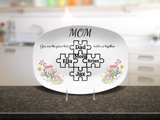 Personalized Puzzle Piece Family Plate, Floral Design, Custom Mom Gift, Unbreakable Oval Plate, Gift for Mother's Day