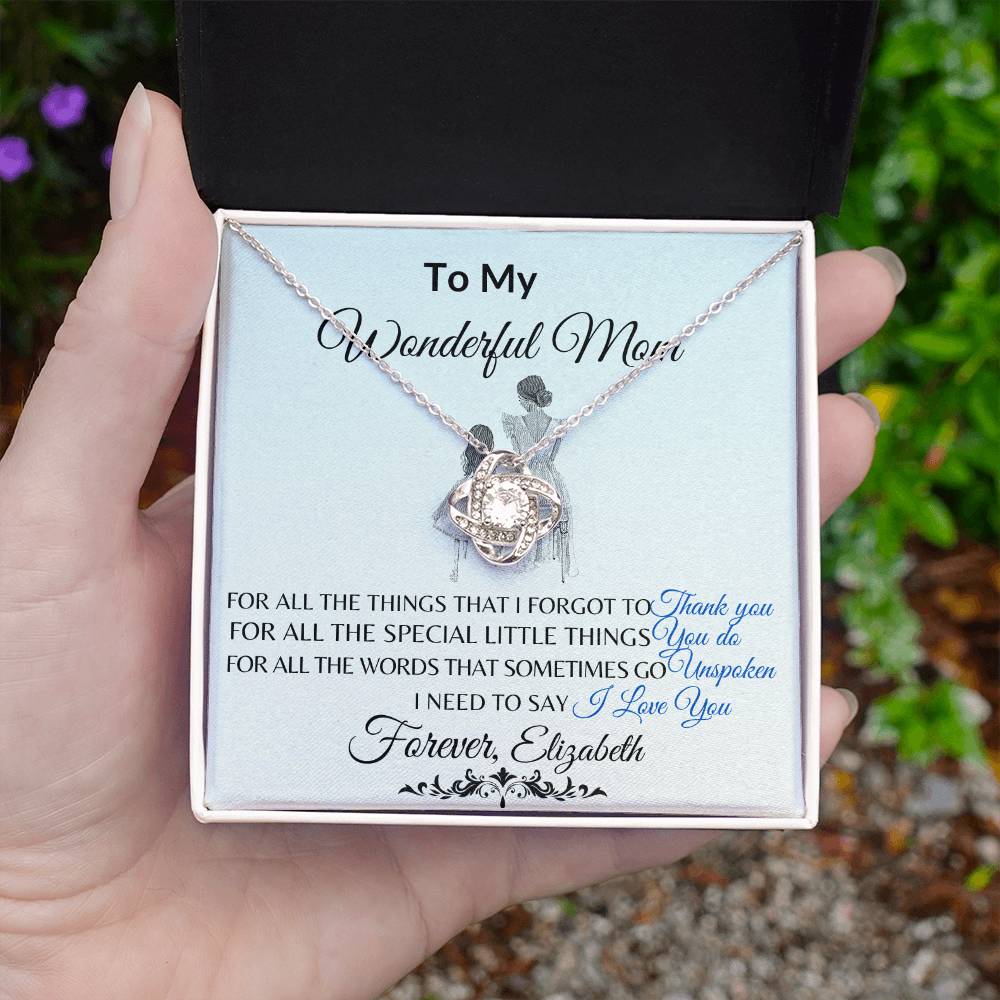 To My Wonderful Mom Necklace – Love Knot Message Card Gift | Elegant Crystal Pendant for Mother’s Day, Birthday or Just Because