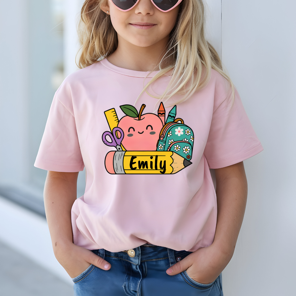 Personalized Kids Cotton Tee with School Supplies Design
