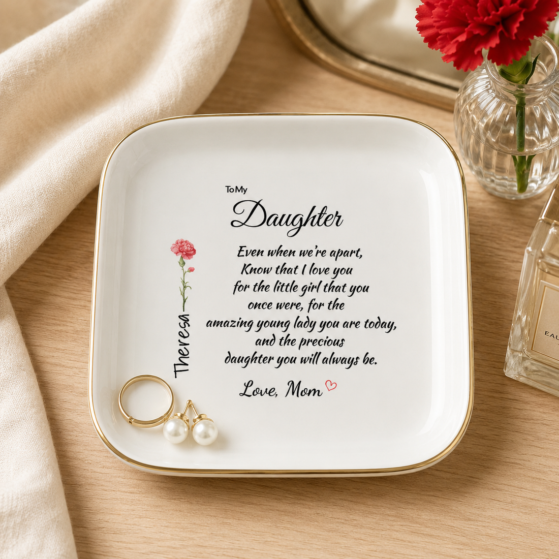 Personalized Birth Flower Jewelry Dish for Daughter from Mom – Custom Name Ring Dish