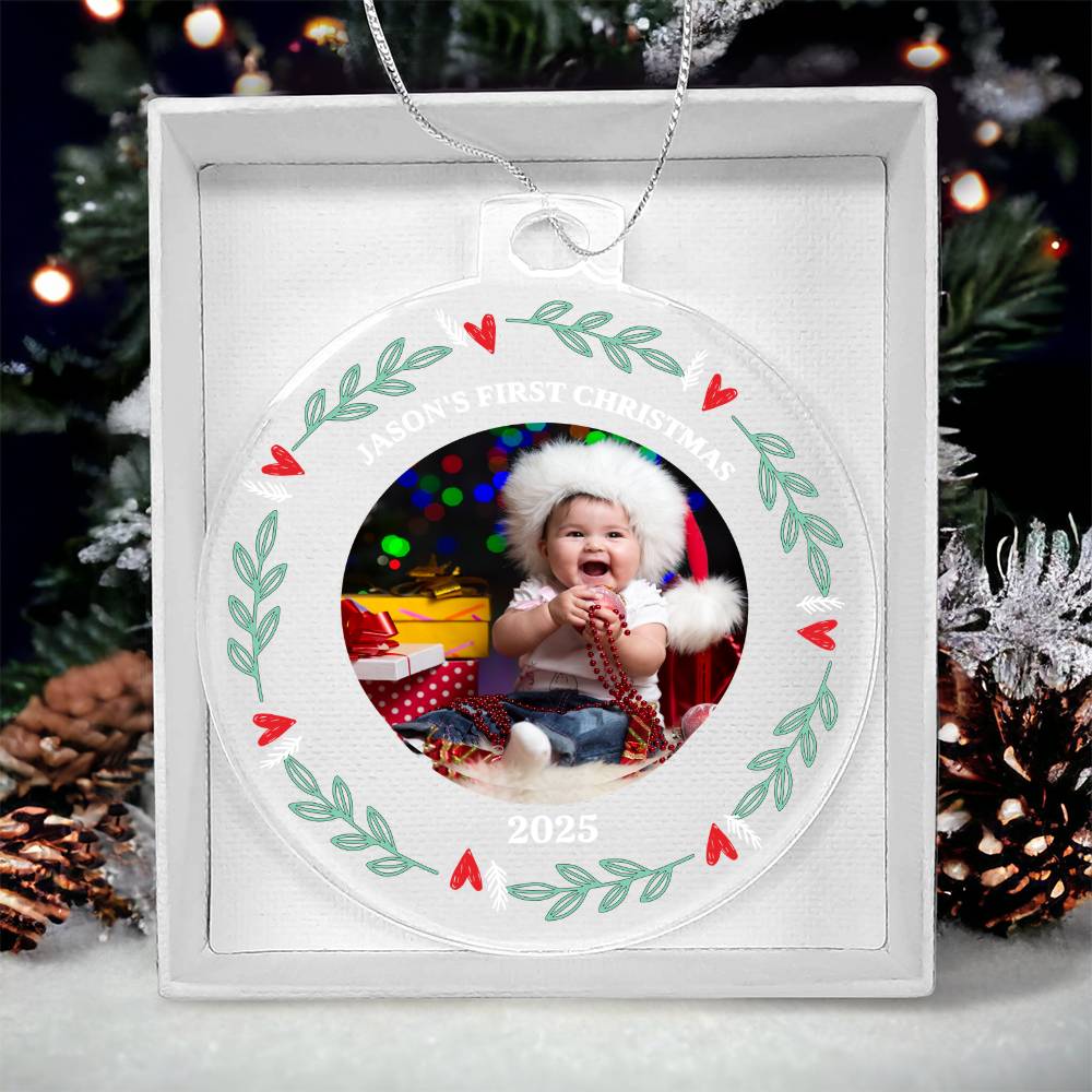 Personalize "Baby's First Christmas" Photo Acrylic Ornament!