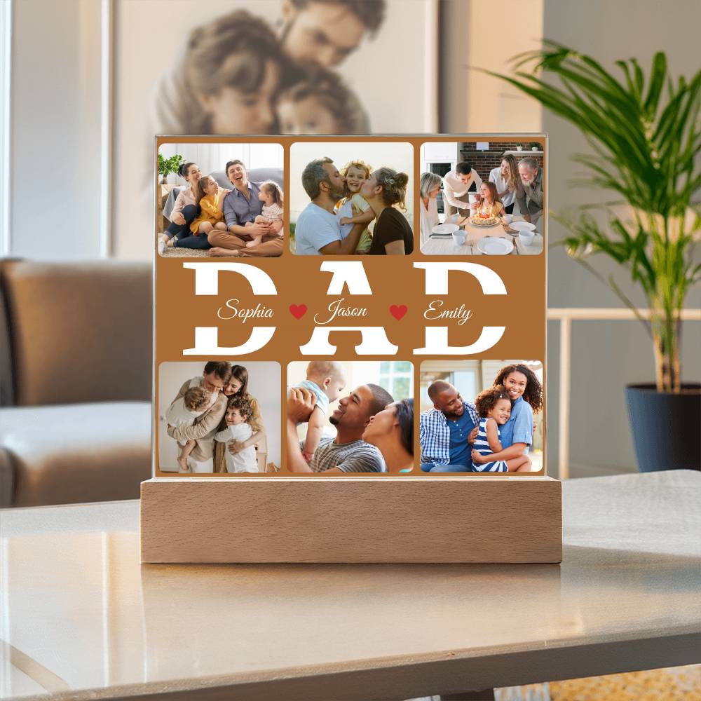 Personalized “DAD” Photo Acrylic Plaque – Custom Family Picture Gift for Dad – LED Night Lite Keepsake from Kids