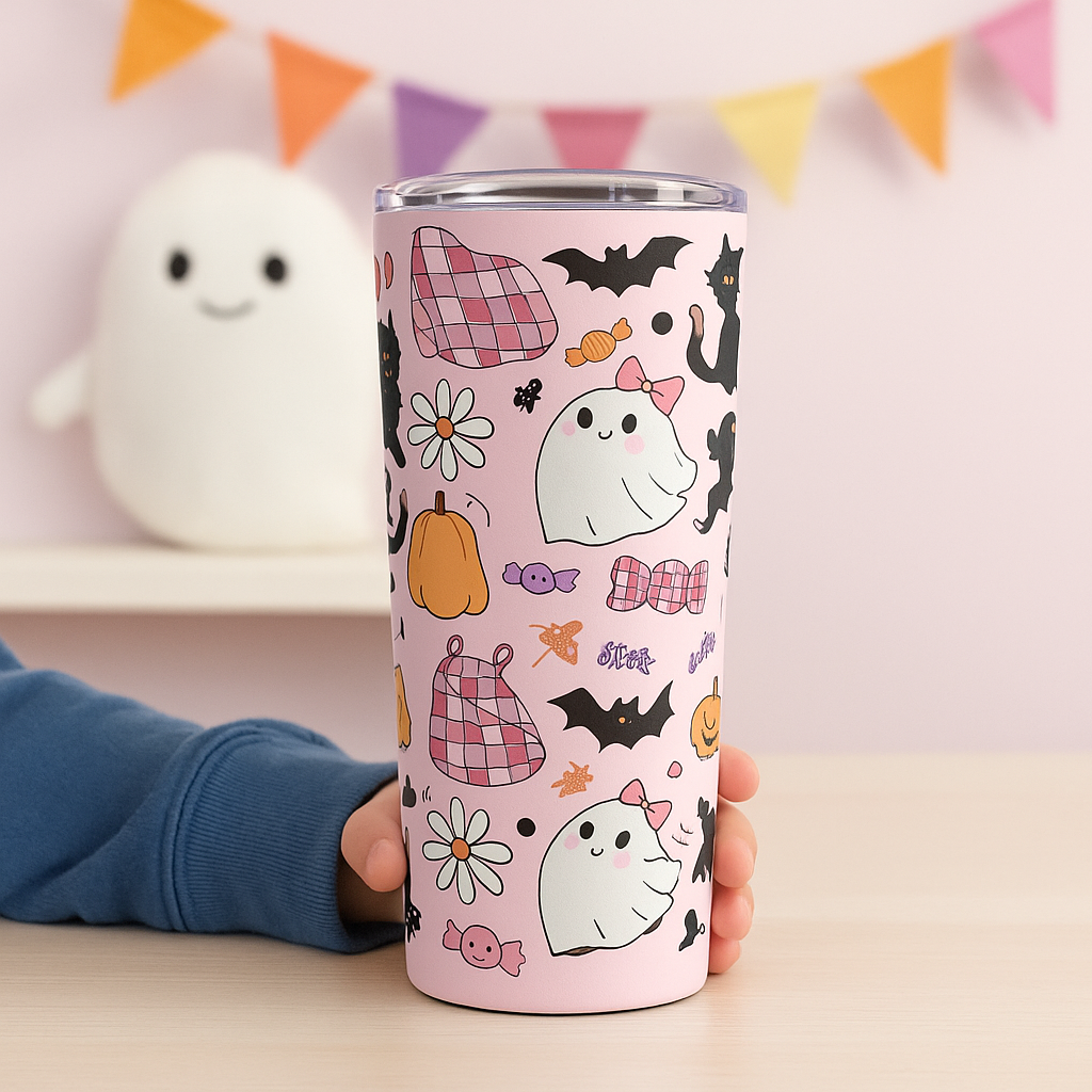 Halloween-Themed Cat and Ghost Stainless Steel Tumbler 20oz