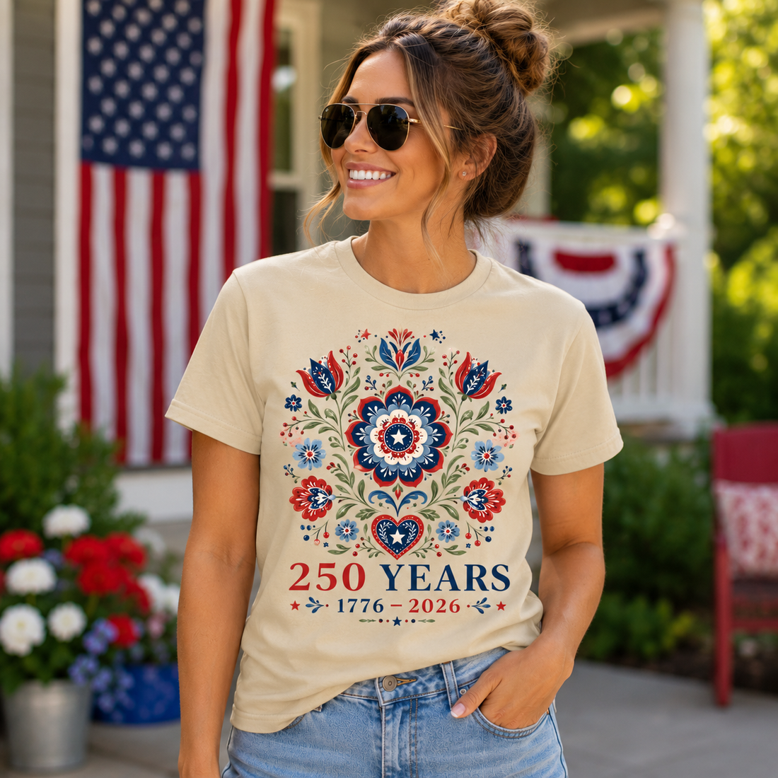 Patriotic Floral Anniversary T-Shirt, 250 Years Celebration Tee, American Heritage Gift, Vintage Style, Graphic Tee