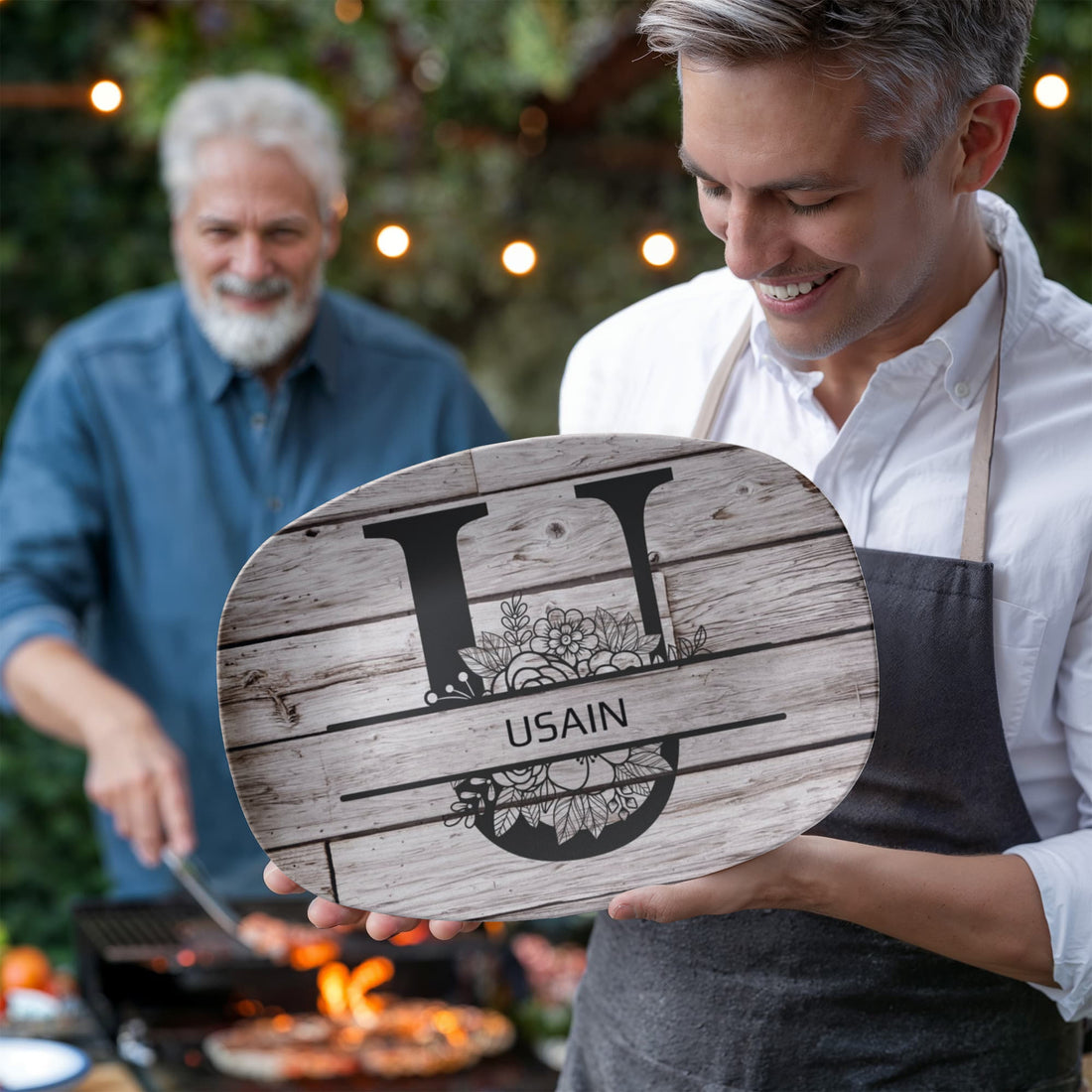 Personalized Father’s Day Platter – Custom Initial & Name Decorative Serving Tray (10x14”) – Wood Look Design Gift for Dad